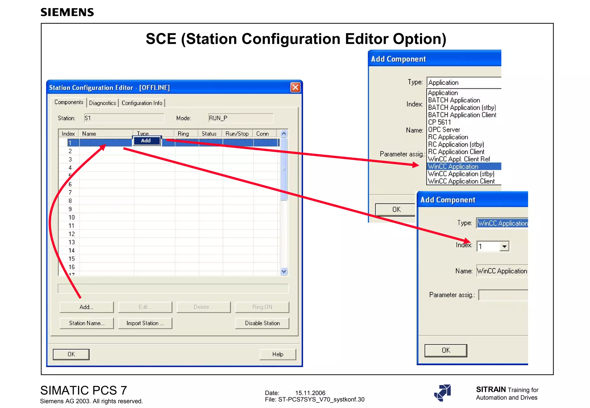 Date: 15.11.2006
File: ST-PCS7SYS_V70_systkonf.30
SIMATIC PCS 7
Siemens AG 2003. All rights reserved.
SITRAIN Training for
Automation and Drives
SCE (Station Configuration Editor Option)
 