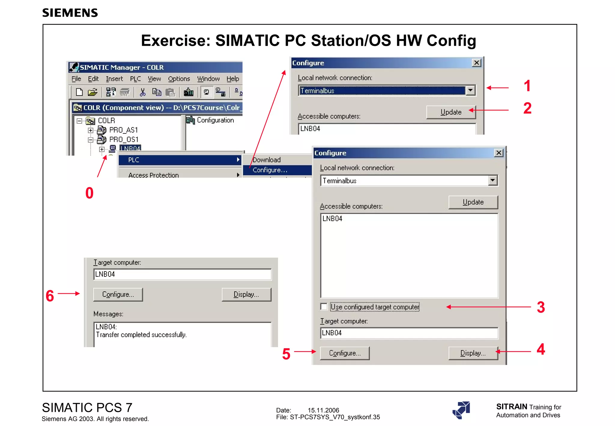 Date: 15.11.2006
File: ST-PCS7SYS_V70_systkonf.35
SIMATIC PCS 7
Siemens AG 2003. All rights reserved.
SITRAIN Training for
Automation and Drives
Exercise: SIMATIC PC Station/OS HW Config
1
2
0
6
3
45
 
