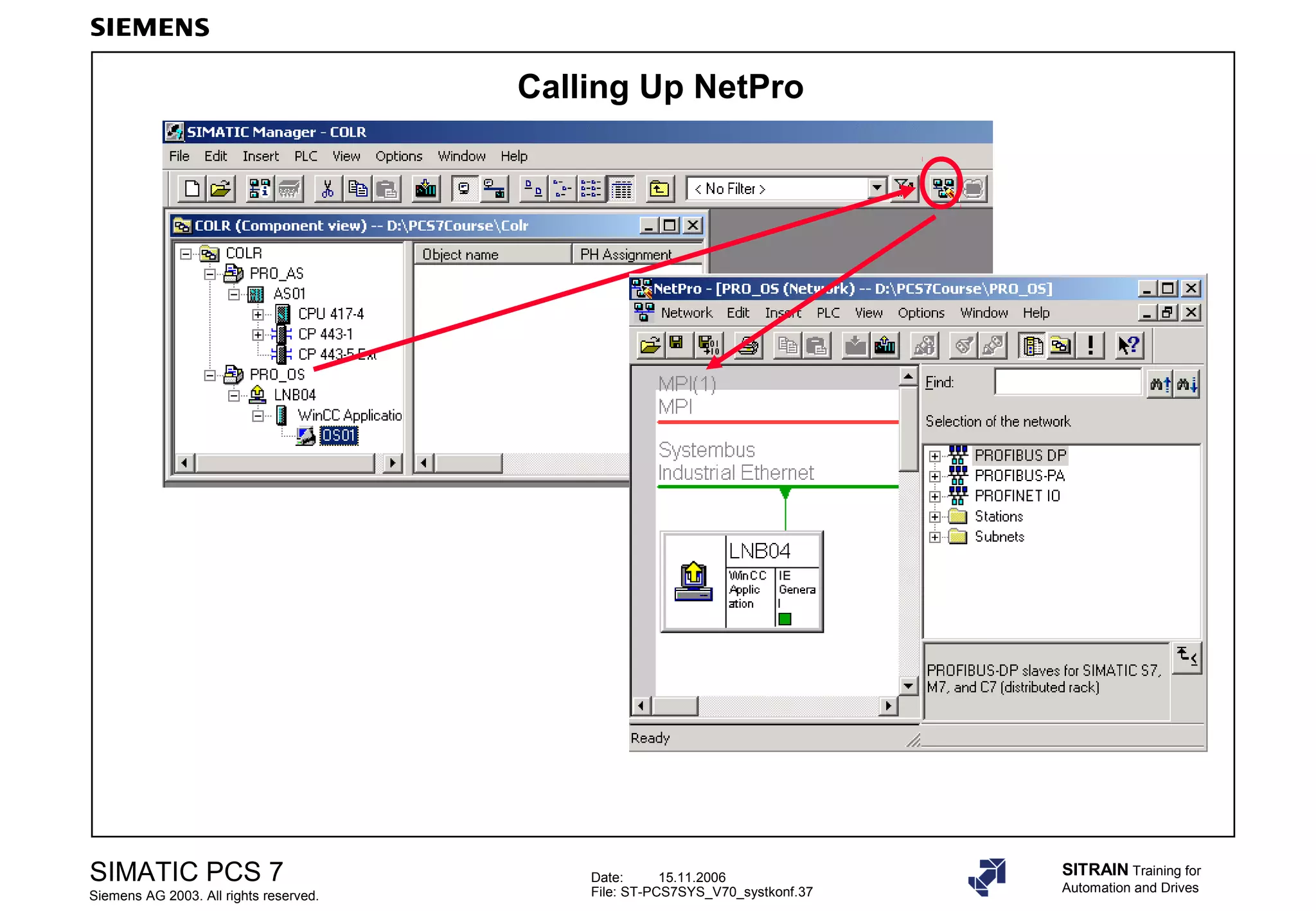 Date: 15.11.2006
File: ST-PCS7SYS_V70_systkonf.37
SIMATIC PCS 7
Siemens AG 2003. All rights reserved.
SITRAIN Training for
Automation and Drives
Calling Up NetPro
 