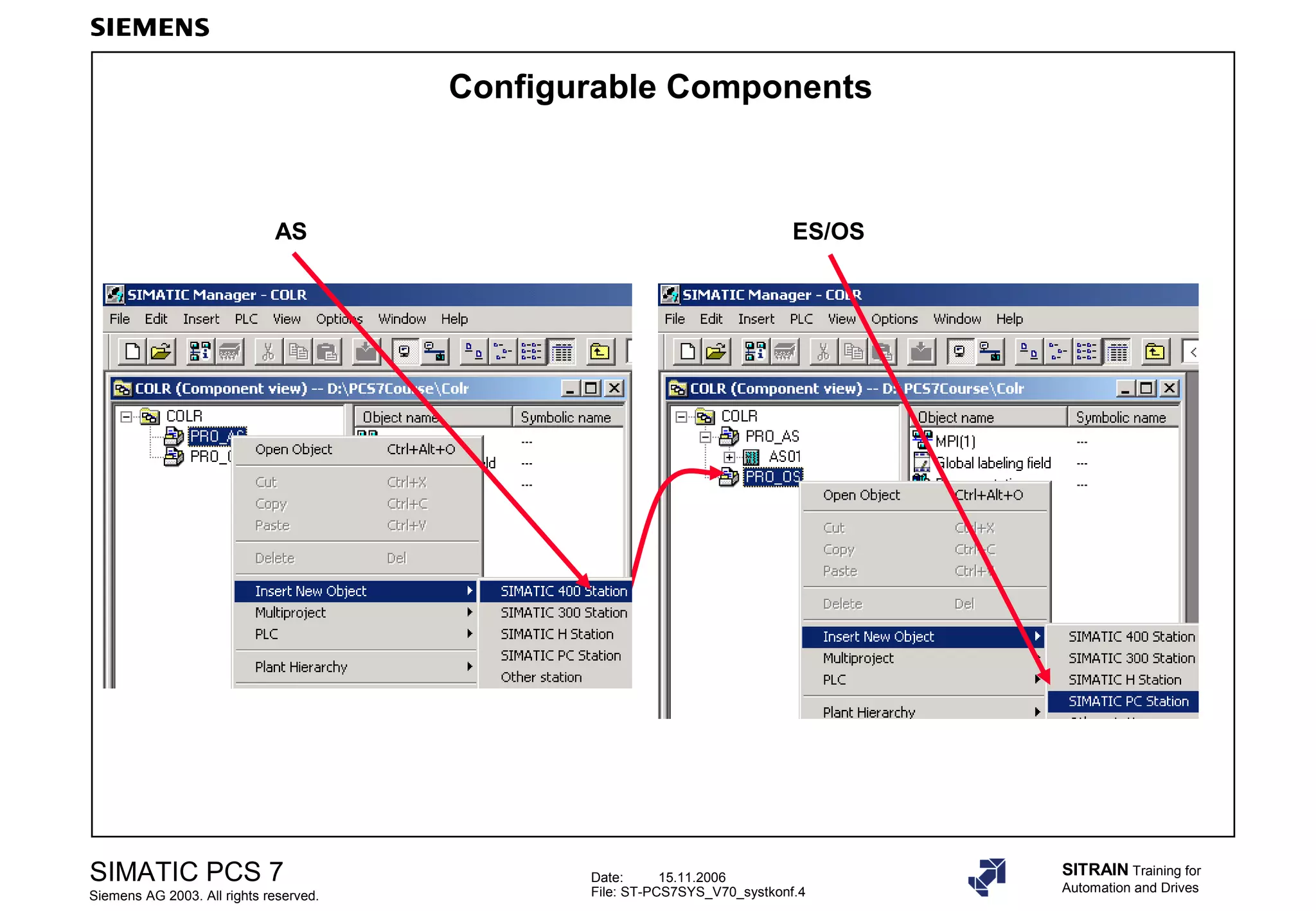 Date: 15.11.2006
File: ST-PCS7SYS_V70_systkonf.4
SIMATIC PCS 7
Siemens AG 2003. All rights reserved.
SITRAIN Training for
Automation and Drives
Configurable Components
AS ES/OS
 