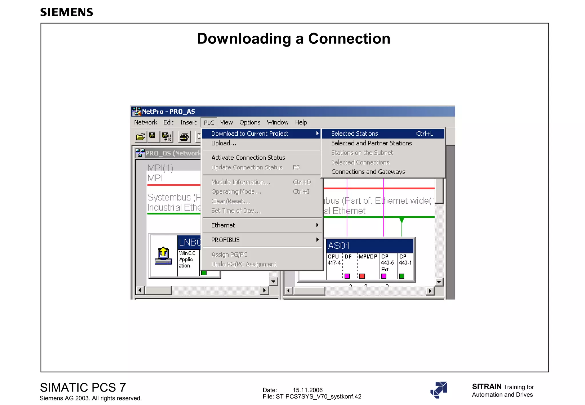 Date: 15.11.2006
File: ST-PCS7SYS_V70_systkonf.42
SIMATIC PCS 7
Siemens AG 2003. All rights reserved.
SITRAIN Training for
Automation and Drives
Downloading a Connection
 