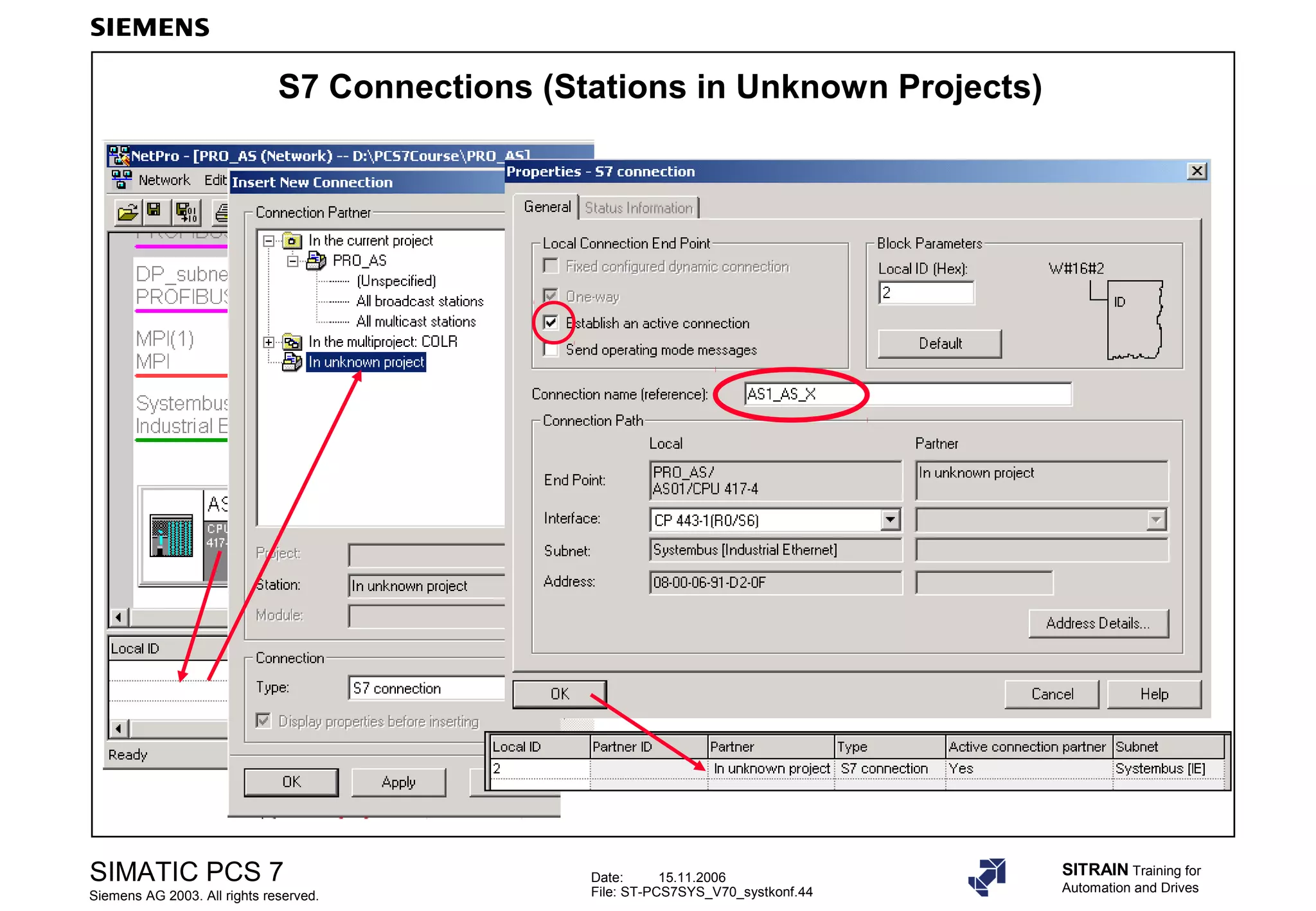 Date: 15.11.2006
File: ST-PCS7SYS_V70_systkonf.44
SIMATIC PCS 7
Siemens AG 2003. All rights reserved.
SITRAIN Training for
Automation and Drives
S7 Connections (Stations in Unknown Projects)
 