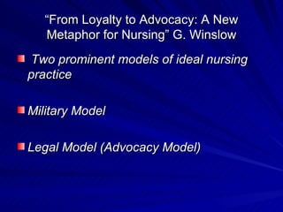 “ From Loyalty to Advocacy: A New Metaphor for Nursing” G. Winslow ,[object Object],[object Object],[object Object]