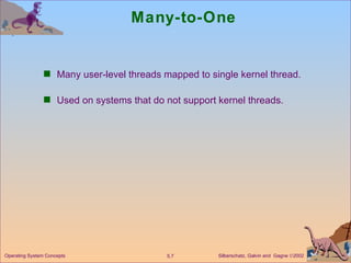 Many-to-One Many user-level threads mapped to single kernel thread. Used on systems that do not support kernel threads. Operating System Concepts 