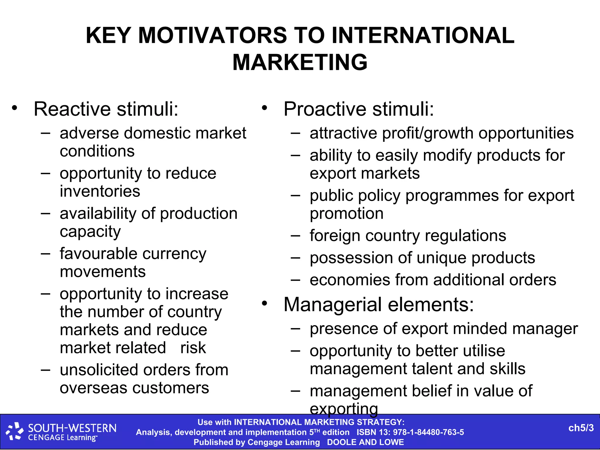 KEY MOTIVATORS TO INTERNATIONAL MARKETING Reactive stimuli: adverse domestic market conditions opportunity to reduce inventories availability of production capacity favourable currency movements  opportunity to increase the number of country markets and reduce market related  risk unsolicited orders from overseas customers Proactive stimuli: attractive profit/growth opportunities ability to easily modify products for export markets public policy programmes for export promotion foreign country regulations possession of unique products economies from additional orders Managerial elements: presence of export minded manager opportunity to better utilise management talent and skills  management belief in value of exporting 