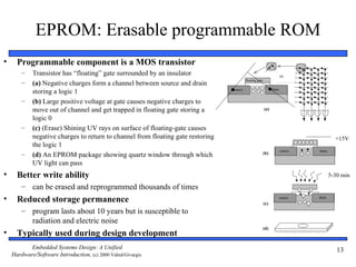 EPROM: Erasable programmable ROM
•     Programmable component is a MOS transistor
        –   Transistor has “floating” gate surrounded by an insulator                                                   0V
                                                                                          floating gate
        –   (a) Negative charges form a channel between source and drain
            storing a logic 1                                                    source                         drain


        –   (b) Large positive voltage at gate causes negative charges to
            move out of channel and get trapped in floating gate storing a                                (a)

            logic 0
        –   (c) (Erase) Shining UV rays on surface of floating-gate causes
            negative charges to return to channel from floating gate restoring                                                             +15V
            the logic 1
                                                                                                                        source   drain
        –   (d) An EPROM package showing quartz window through which                                      (b)

            UV light can pass
•     Better write ability                                                                                                               5-30 min
        – can be erased and reprogrammed thousands of times
•     Reduced storage permanence                                                                          (c)
                                                                                                                        source   drain



        – program lasts about 10 years but is susceptible to
          radiation and electric noise
                                                                                                          (d)
•     Typically used during design development
           Embedded Systems Design: A Unified                                                              .
                                                                                                                                            13
    Hardware/Software Introduction, (c) 2000 Vahid/Givargis
 