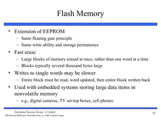 Flash Memory

  • Extension of EEPROM
          – Same floating gate principle
          – Same write ability and storage permanence
  • Fast erase
          – Large blocks of memory erased at once, rather than one word at a time
          – Blocks typically several thousand bytes large
  • Writes to single words may be slower
          – Entire block must be read, word updated, then entire block written back
  • Used with embedded systems storing large data items in
    nonvolatile memory
          – e.g., digital cameras, TV set-top boxes, cell phones

       Embedded Systems Design: A Unified                                             15
Hardware/Software Introduction, (c) 2000 Vahid/Givargis
 