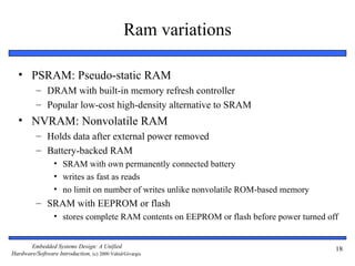 Ram variations

  • PSRAM: Pseudo-static RAM
          – DRAM with built-in memory refresh controller
          – Popular low-cost high-density alternative to SRAM
  • NVRAM: Nonvolatile RAM
          – Holds data after external power removed
          – Battery-backed RAM
                 • SRAM with own permanently connected battery
                 • writes as fast as reads
                 • no limit on number of writes unlike nonvolatile ROM-based memory
          – SRAM with EEPROM or flash
                 • stores complete RAM contents on EEPROM or flash before power turned off


       Embedded Systems Design: A Unified                                                18
Hardware/Software Introduction, (c) 2000 Vahid/Givargis
 