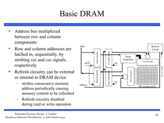 Basic DRAM
  •     Address bus multiplexed
        between row and column
        components
                                                          data                                                                                      Refresh
  •     Row and column addresses are                                                                                                                Circuit




                                                                                           Col Addr. Buffer
        latched in, sequentially, by




                                                                          Data In Buffer
                                                                                                                     Sense
        strobing ras and cas signals,                                                                               Amplifiers
                                                                                                                                           Col Decoder
                                                                 rd/wr                                        cas
        respectively




                                                                                                                                                              cas, ras, clock
  •     Refresh circuitry can be external




                                                                         Data Out Buffer




                                                                                                                          Row Decoder
                                                                                           Row Addr. Buffer
        or internal to DRAM device
                                                                                                              ras
          – strobes consecutive memory                    address
                                                                                                                                        Bit storage array
            address periodically causing
            memory content to be refreshed
          – Refresh circuitry disabled
            during read or write operation

       Embedded Systems Design: A Unified                                                                                                                33
Hardware/Software Introduction, (c) 2000 Vahid/Givargis
 