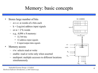 Memory: basic concepts

  •     Stores large number of bits                                                   m × n memory

                                                                                                                     …
          –    m x n: m words of n bits each
          –    k = Log2(m) address input signals                           m words            …

          –    or m = 2^k words
          –    e.g., 4,096 x 8 memory:
                                                                                      n bits per word
                 • 32,768 bits




                                                                                                  memory external view
                 • 12 address input signals
                 • 8 input/output data signals
                                                                    r/w
                                                                                     2k × n read and write
  •     Memory access                                             enable                    memory

          – r/w: selects read or write                               A0
                                                                                …
          – enable: read or write only when asserted
                                                                    Ak-1
          – multiport: multiple accesses to different locations                            …

            simultaneously
                                                                                       Qn-1                              Q0

       Embedded Systems Design: A Unified                                                                                     4
Hardware/Software Introduction, (c) 2000 Vahid/Givargis
 