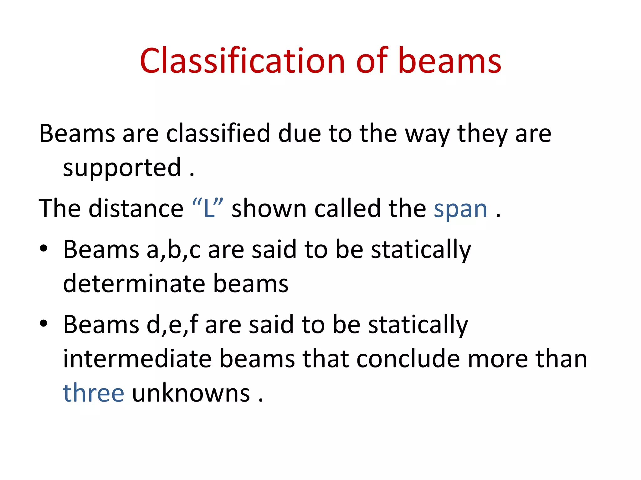 Classification of beamsBeams are classified due to the way they are supported .The distance “L” shown called the span .Beams a,b,c are said to be statically determinate beamsBeams d,e,f are said to be statically intermediate beams that conclude more than three unknowns .
