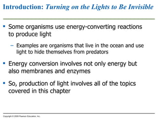 Introduction:  Turning on the Lights to Be Invisible Some organisms use energy-converting reactions to produce light Examples are organisms that live in the ocean and use light to hide themselves from predators Energy conversion involves not only energy but also membranes and enzymes So, production of light involves all of the topics covered in this chapter Copyright © 2009 Pearson Education, Inc. 