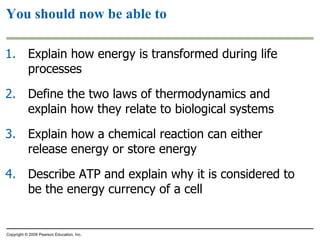 Explain how energy is transformed during life processes Define the two laws of thermodynamics and explain how they relate to biological systems  Explain how a chemical reaction can either release energy or store energy Describe ATP and explain why it is considered to be the energy currency of a cell You should now be able to Copyright © 2009 Pearson Education, Inc. 