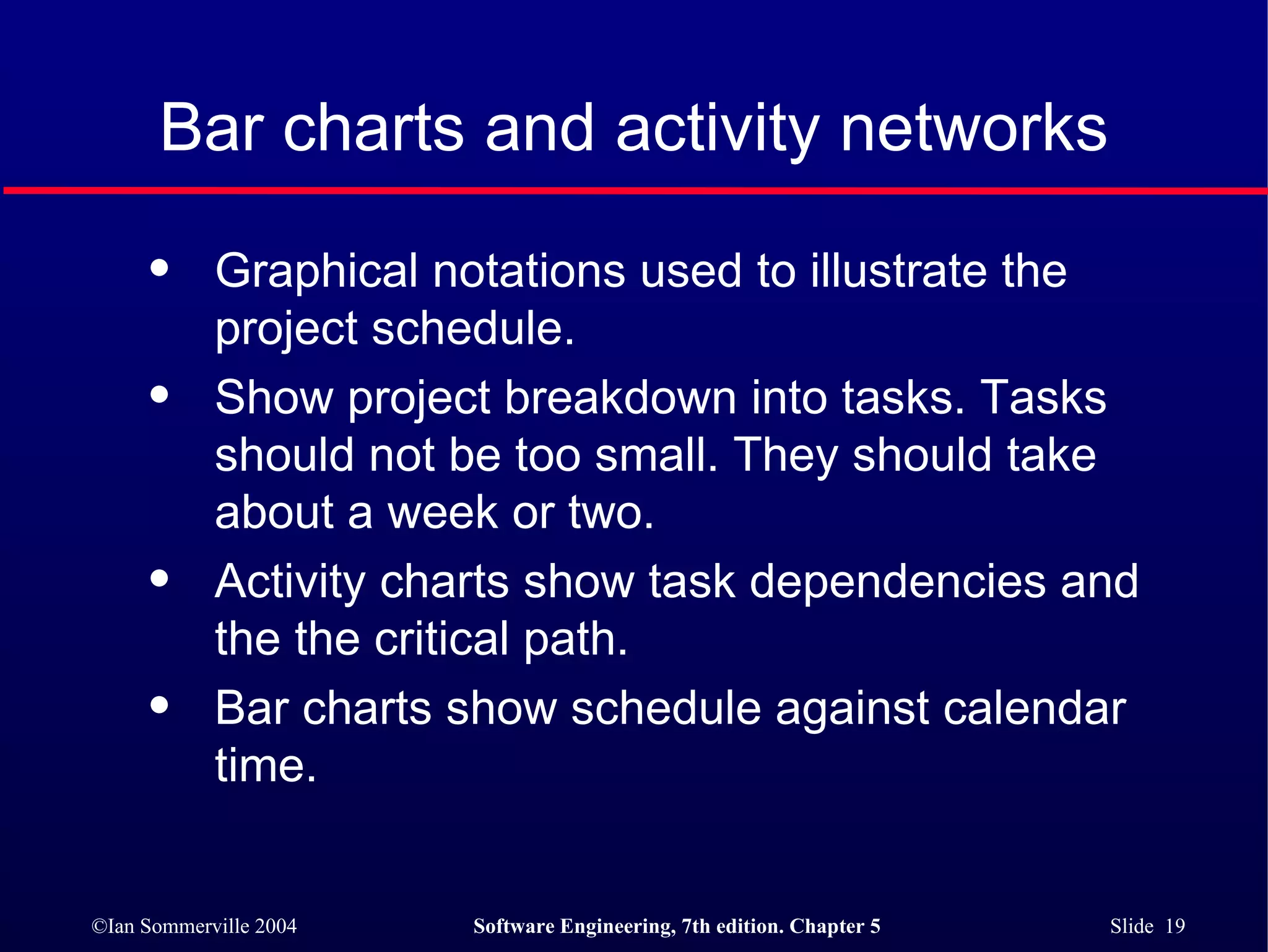 Bar charts and activity networks Graphical notations used to illustrate the project schedule. Show project breakdown into tasks. Tasks should not be too small. They should take about a week or two. Activity charts show task dependencies and the the critical path. Bar charts show schedule against calendar time. 