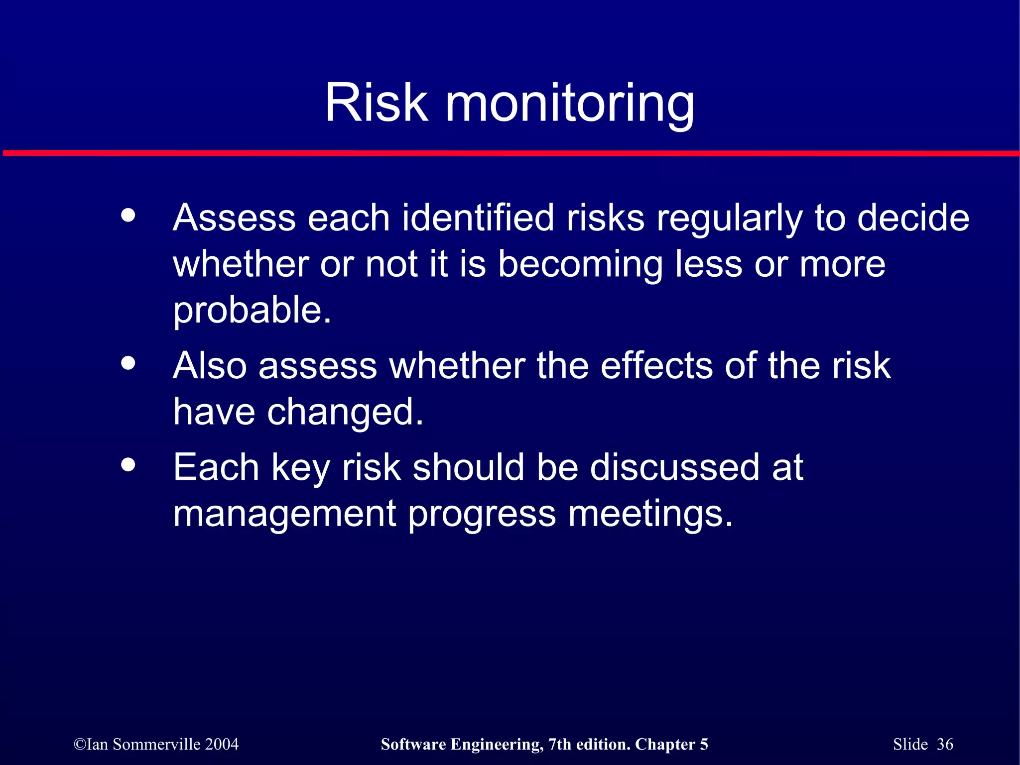 Risk monitoring Assess each identified risks regularly to decide whether or not it is becoming less or more probable. Also assess whether the effects of the risk have changed. Each key risk should be discussed at management progress meetings. 