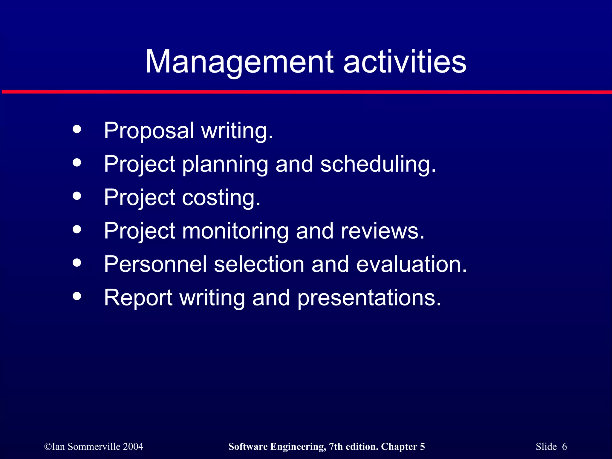 Proposal writing. Project planning and scheduling. Project costing. Project monitoring and reviews. Personnel selection and evaluation. Report writing and presentations. Management activities 