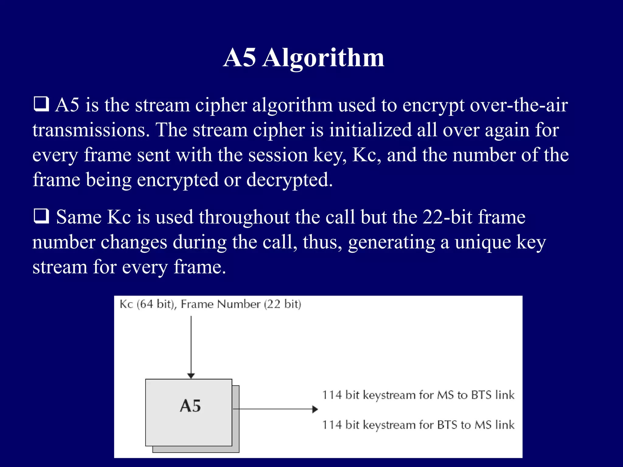 A5 Algorithm
 A5 is the stream cipher algorithm used to encrypt over-the-air
transmissions. The stream cipher is initialized all over again for
every frame sent with the session key, Kc, and the number of the
frame being encrypted or decrypted.
 Same Kc is used throughout the call but the 22-bit frame
number changes during the call, thus, generating a unique key
stream for every frame.
 