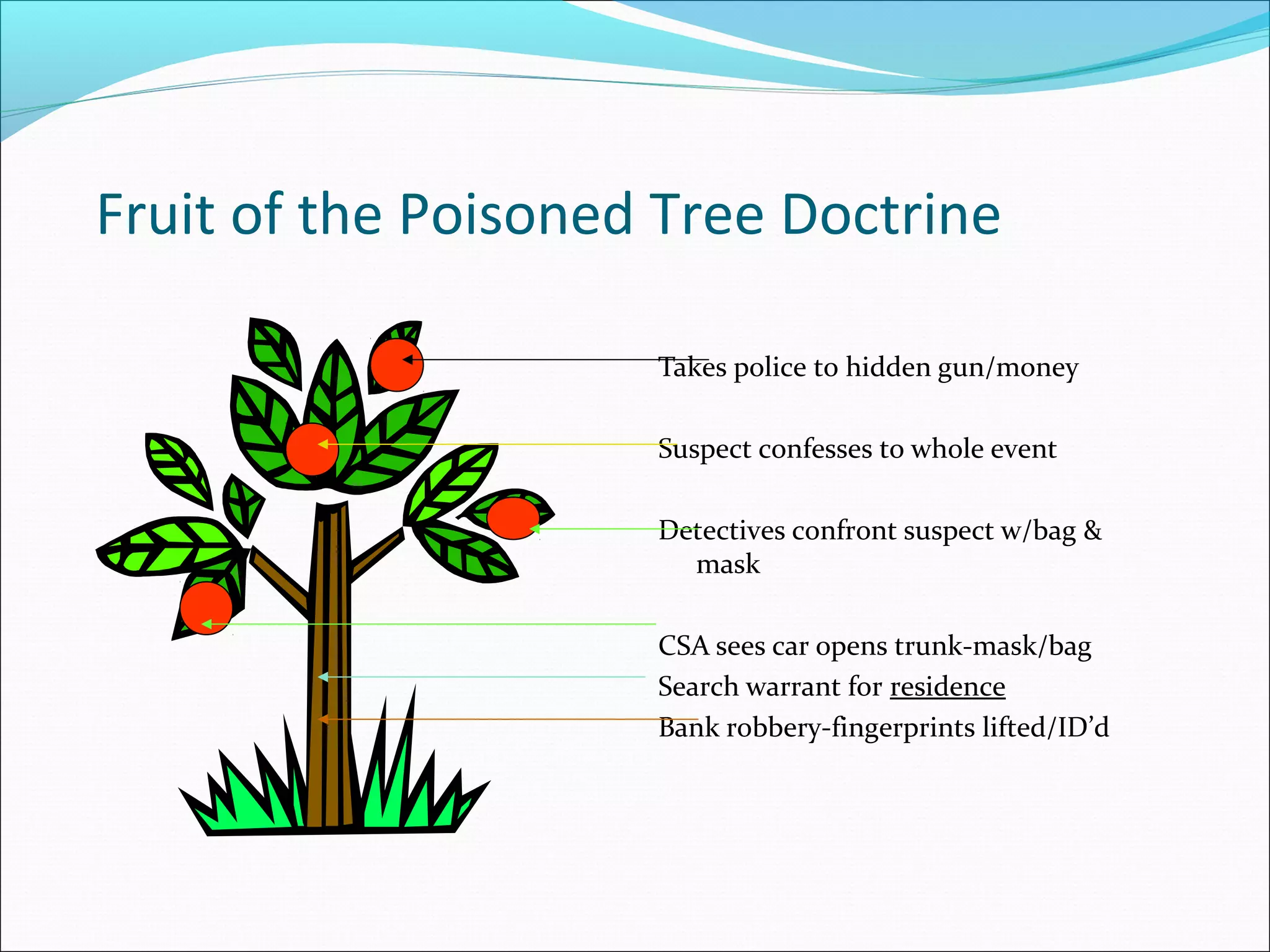 Fruit of the Poisoned Tree Doctrine

                     Takes police to hidden gun/money

                     Suspect confesses to whole event

                     Detectives confront suspect w/bag &
                       mask

                     CSA sees car opens trunk-mask/bag
                     Search warrant for residence
                     Bank robbery-fingerprints lifted/ID’d
 
