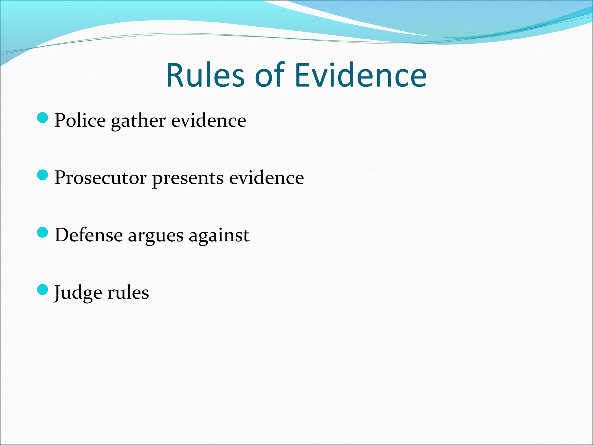 Rules of Evidence
Police gather evidence


Prosecutor presents evidence


Defense argues against


Judge rules
 