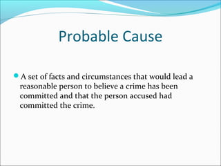 Probable Cause

A set of facts and circumstances that would lead a
 reasonable person to believe a crime has been
 committed and that the person accused had
 committed the crime.
 