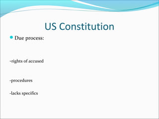 US Constitution
Due process:



-rights of accused


-procedures

-lacks specifics
 