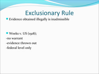 Exclusionary Rule
Evidence obtained illegally is inadmissible



Weeks v. US (1918);
-no warrant
-evidence thrown out
-federal level only
 