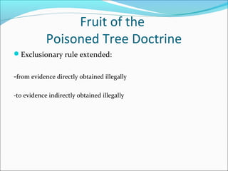 Fruit of the
            Poisoned Tree Doctrine
Exclusionary rule extended:


-from evidence directly obtained illegally

-to evidence indirectly obtained illegally
 
