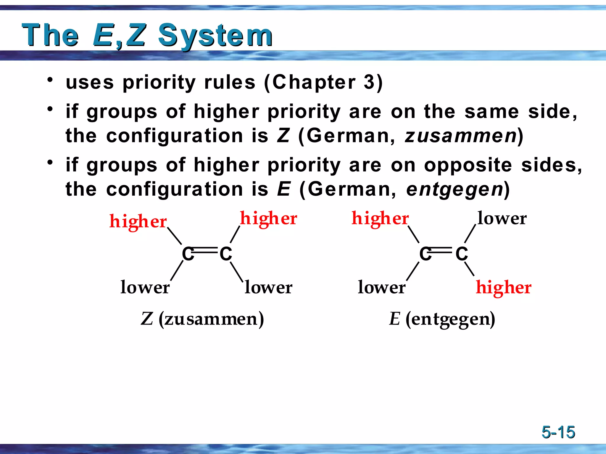 The  E , Z  System uses priority rules (Chapter 3)  if groups of higher priority are on the same side, the configuration is  Z  (German,  zusammen ) if groups of higher priority are on opposite sides, the configuration is  E  (German,  entgegen ) 
