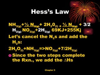 NH 3(g) + ½ N 2(g) + 2H 2 0 (l)     ½ N 2(g)  +  3/2 H 2(g)   NO 2(g) + 2H 2(g)   69KJ+255Kj Let’s cancel the N 2 s and add the H 2 s: 2H 2 O (l) +NH 3(g) =>NO 2(g) +7/2H 2(g) Since the two steps complete the Rxn., we add the ∆Hs Hess’s Law 