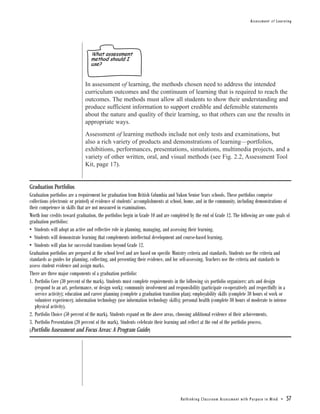 Assessment of Learning




                                 What assessment
                                 method should I
                                 use?


                              In assessment of learning, the methods chosen need to address the intended
                              curriculum outcomes and the continuum of learning that is required to reach the
                              outcomes. The methods must allow all students to show their understanding and
                              produce sufficient information to support credible and defensible statements
                              about the nature and quality of their learning, so that others can use the results in
                              appropriate ways.
                              Assessment of learning methods include not only tests and examinations, but
                              also a rich variety of products and demonstrations of learning—portfolios,
                              exhibitions, performances, presentations, simulations, multimedia projects, and a
                              variety of other written, oral, and visual methods (see Fig. 2.2, Assessment Tool
                              Kit, page 17).


Graduation Portfolios
Graduation portfolios are a requirement for graduation from British Columbia and Yukon Senior Years schools. These portfolios comprise
collections (electronic or printed) of evidence of students’ accomplishments at school, home, and in the community, including demonstrations of
their competence in skills that are not measured in examinations.
Worth four credits toward graduation, the portfolios begin in Grade 10 and are completed by the end of Grade 12. The following are some goals of
graduation portfolios:
• Students will adopt an active and reflective role in planning, managing, and assessing their learning.
• Students will demonstrate learning that complements intellectual development and course-based learning.
• Students will plan for successful transitions beyond Grade 12.
Graduation portfolios are prepared at the school level and are based on specific Ministry criteria and standards. Students use the criteria and
standards as guides for planning, collecting, and presenting their evidence, and for self-assessing. Teachers use the criteria and standards to
assess student evidence and assign marks.
There are three major components of a graduation portfolio:
1. Portfolio Core (30 percent of the mark). Students must complete requirements in the following six portfolio organizers: arts and design
   (respond to an art, performance, or design work); community involvement and responsibility (participate co-operatively and respectfully in a
   service activity); education and career planning (complete a graduation transition plan); employability skills (complete 30 hours of work or
   volunteer experience); information technology (use information technology skills); personal health (complete 80 hours of moderate to intense
   physical activity).
2. Portfolio Choice (50 percent of the mark). Students expand on the above areas, choosing additional evidence of their achievements.
3. Portfolio Presentation (20 percent of the mark). Students celebrate their learning and reflect at the end of the portfolio process.
(Portfolio Assessment and Focus Areas: A Program Guide)




                                                                                   Re t h i n k i n g C l a s s r o o m A s s e s s m e n t w i t h Pu r p o s e i n M i n d •   57
 