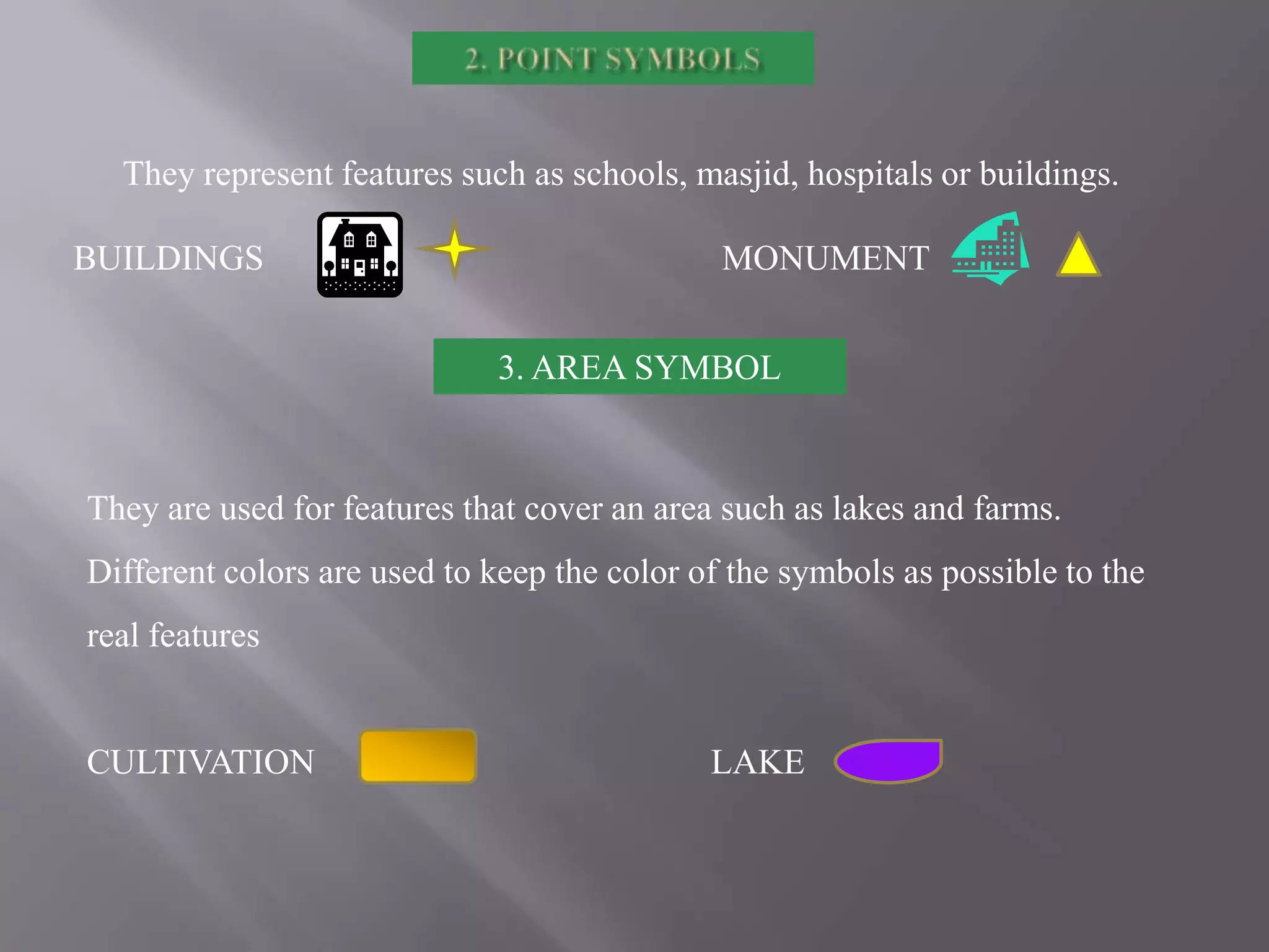 They represent features such as schools, masjid, hospitals or buildings.
BUILDINGS

MONUMENT
3. AREA SYMBOL

They are used for features that cover an area such as lakes and farms.
Different colors are used to keep the color of the symbols as possible to the
real features

CULTIVATION

LAKE

 
