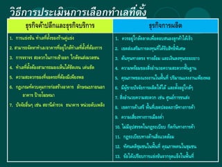 วิธีการประเมินการเลือกทาเลที่ตั้ง
ธุรกิจค้าปลีกและธุรกิจบริการ ธุรกิจการผลิต
1. การแข่งขัน ทาเลที่ตั้งของร้านคู่แข่ง
2. สามารถจัดหาทาเล/อาคารที่อยู่ใกล้ทาเลที่ตั้งที่ต้องการ
3. การจราจร สะดวกในการเข้าออก ใกล้ขนส่งมวลชน
4. ทาเลที่ตั้งต้องสามารถมองเห็นได้ชัดเจน เด่นชัด
5. ความสะดวกของที่จอดรถที่ต้องมีเพียงพอ
6. กฎเกณฑ์ควบคุมการก่อสร้างอาคาร ลักษณะภายนอก
อาคาร ป้ายโฆษณา
7. ปัจจัยอื่นๆ เช่น สถานีตารวจ ธนาคาร หน่วยดับเพลิง
1. ควรอยู่ใกล้ตลาดเพื่อตอบสนองลูกค้าได้เร็ว
2. เขตส่งเสริมการลงทุนที่ได้รับสิทธิ์พิเศษ
3. ต้นทุนทางตรง ทางอ้อม และเงินลงทุนระยะยาว
4. ความพร้อมของสิ่งอานวยความสะดวกพื้นฐาน
5. คุณภาพของแรงงานในพื้นที่ ปริมาณแรงงานเพียงพอ
6. มีผู้ขายปัจจัยการผลิตให้ได้ และตั้งอยู่ใกล้ๆ
7. สิ่งอานวยความสะดวก เช่น ศูนย์การขนส่ง
8. เขตการค้าเสรี พื้นที่เขตปลอดภาษีทางการค้า
9. ความเสี่ยงทางการเมืองต่า
10. ไม่มีอุปสรรคในกฎระเบียบ กีดกันทางการค้า
11. กฎระเบียบทางด้านสิ่งแวดล้อม
12. ทัศนคติชุมชนในพื้นที่ คุณภาพคนในชุมชน
13. ข้อได้เปรียบการแข่งขันจากจุดแข็งในพื้นที่
 