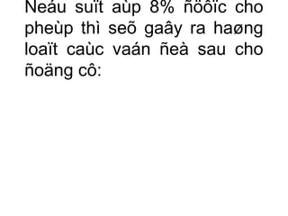 Neáu suït aùp 8% ñöôïc cho 
pheùp thì seõ gaây ra haøng 
loaït caùc vaán ñeà sau cho 
ñoäng cô: 
 