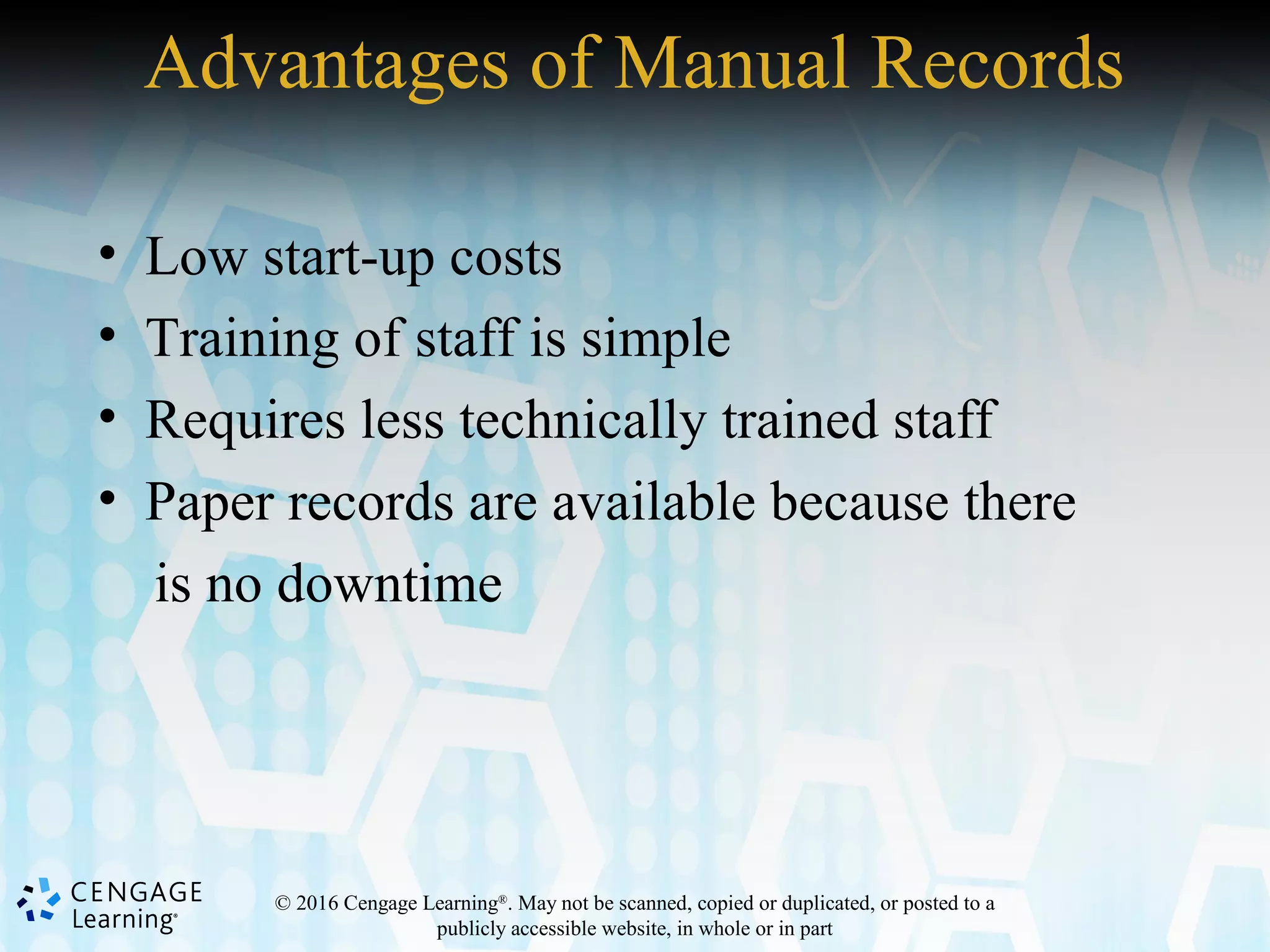 © 2016 Cengage Learning®
. May not be scanned, copied or duplicated, or posted to a
publicly accessible website, in whole or in part
Advantages of Manual Records
• Low start-up costs
• Training of staff is simple
• Requires less technically trained staff
• Paper records are available because there
is no downtime
 