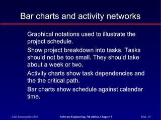 ©Ian Sommerville 2004 Software Engineering, 7th edition. Chapter 5 Slide 19
Bar charts and activity networks
Graphical notations used to illustrate the
project schedule.
Show project breakdown into tasks. Tasks
should not be too small. They should take
about a week or two.
Activity charts show task dependencies and
the the critical path.
Bar charts show schedule against calendar
time.
 