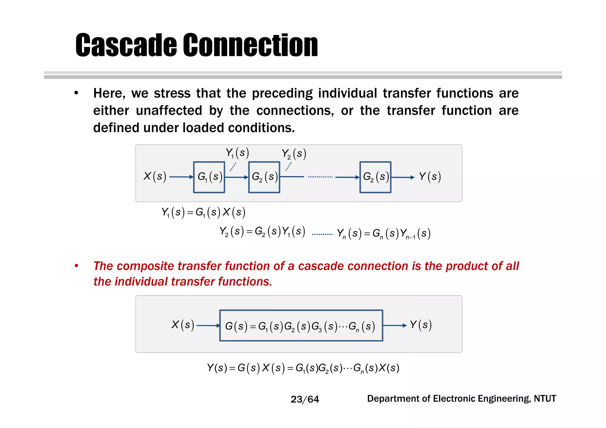 Cascade Connection
( )1G s ( )2G s ( )2G s( )X s ( )Y s
( )1Y s ( )2Y s
( ) ( ) ( )1 1Y s G s X s=
( ) ( ) ( )2 2 1Y s G s Y s= ( ) ( ) ( )1n n nY s G s Y s−=
( ) ( ) ( ) ( ) ( )1 2 3 nG s G s G s G s G s= ⋯( )X s ( )Y s
( ) ( ) 1 2( ) ( ) ( ) ( ) ( )nY s G s X s G s G s G s X s= = ⋯
• Here, we stress that the preceding individual transfer functions are
either unaffected by the connections, or the transfer function are
defined under loaded conditions.
• The composite transfer function of a cascade connection is the product of all
the individual transfer functions.
23/64 Department of Electronic Engineering, NTUT
 