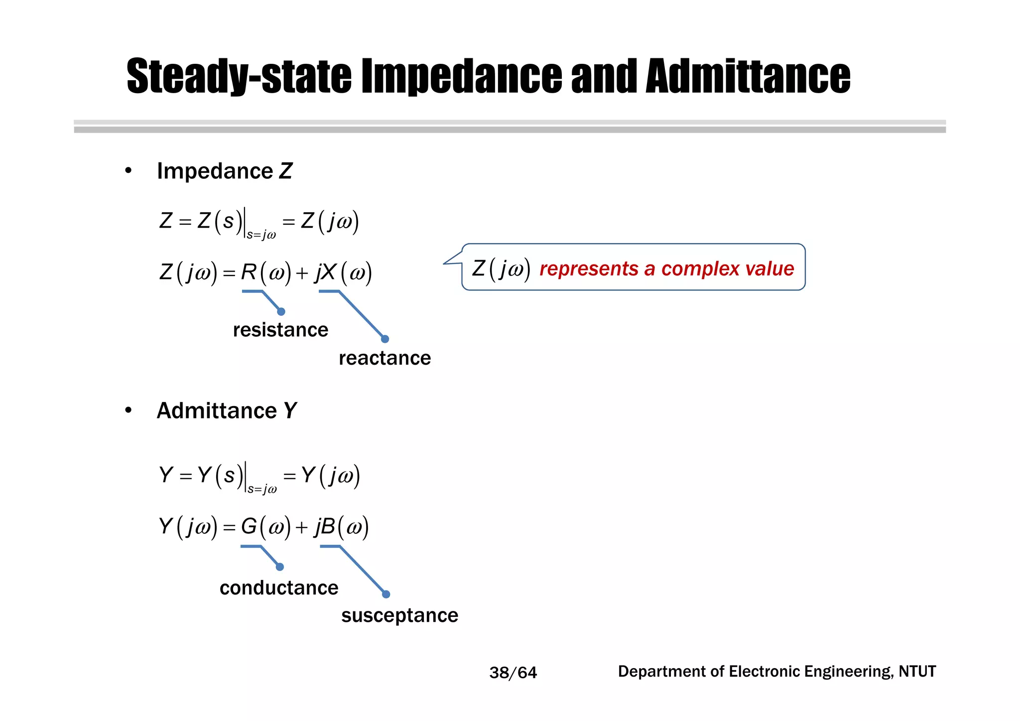 Steady-state Impedance and Admittance
( ) ( )s j
Z Z s Z jω
ω=
= =
( ) ( ) ( )Z j R jXω ω ω= +
( ) ( )s j
Y Y s Y jω
ω=
= =
• Impedance Z
• Admittance Y
( ) ( ) ( )Y j G jBω ω ω= +
resistance
reactance
conductance
susceptance
Department of Electronic Engineering, NTUT
represents a complex value( )ωZ j
38/64
 