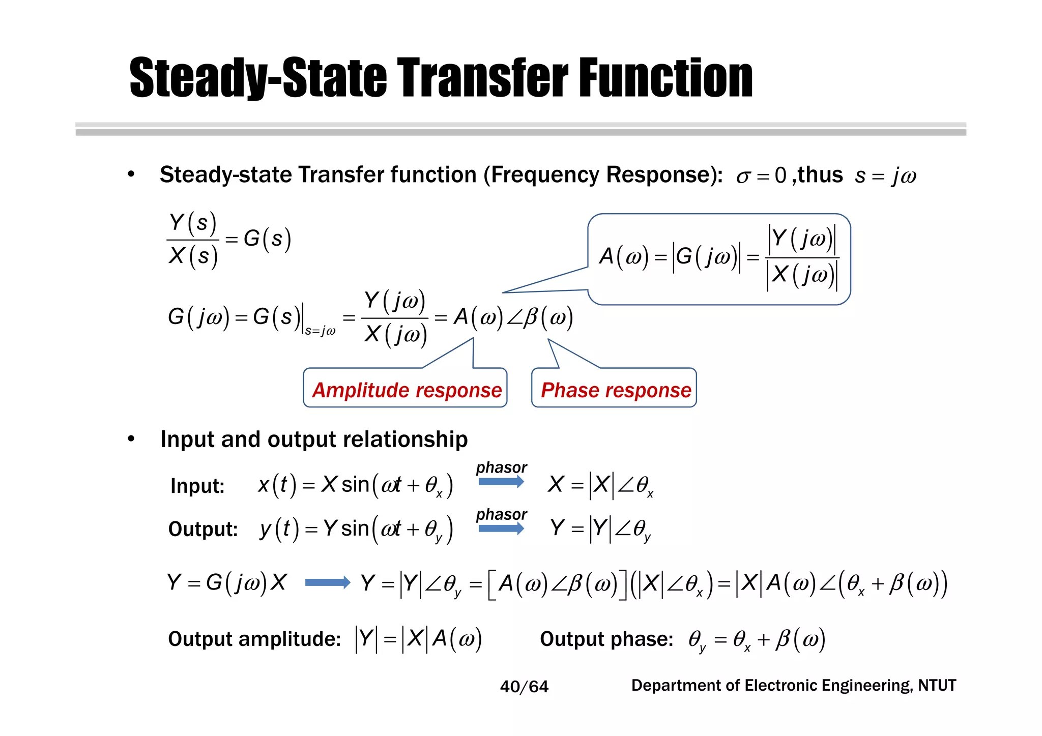 Steady-State Transfer Function
( )
( )
( )
Y s
G s
X s
=
( ) ( )
( )
( )
( ) ( )ω
ω
ω ω β ω
ω=
= = = ∠s j
Y j
G j G s A
X j
Department of Electronic Engineering, NTUT
• Steady-state Transfer function (Frequency Response): ,thusσ = 0 ω=s j
Amplitude response Phase response
• Input and output relationship
( ) ( )sin xx t X tω θ= +
( ) ( )sin yy t Y tω θ= +
Input:
Output:
phasor
phasor
xX X θ= ∠
yY Y θ= ∠
( )Y G j Xω= ( ) ( ) ( )y xY Y A Xθ ω β ω θ = ∠ = ∠ ∠  ( ) ( )( )ω θ β ω= ∠ +xX A
( )ω=Y X A ( )y xθ θ β ω= +Output amplitude: Output phase:
( ) ( )
( )
( )
ω
ω ω
ω
= =
Y j
A G j
X j
40/64
 
