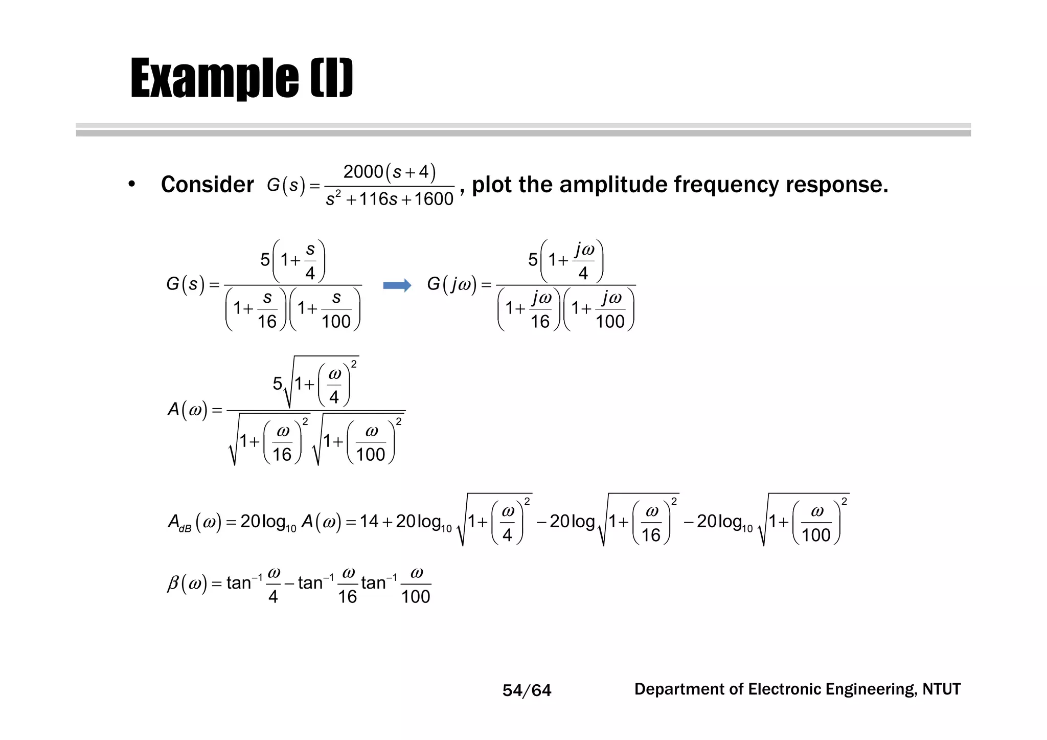 Example (I)
( )
 
+ 
 =
  
+ +  
  
5 1
4
1 1
16 100
s
G s
s s
( )
ω
ω
ω ω
 
+ 
 =
  
+ +  
  
5 1
4
1 1
16 100
j
G j
j j
( )
ω
ω
ω ω
 
+  
 
=
   
+ +   
   
2
2 2
5 1
4
1 1
16 100
A
( ) ( )
ω ω ω
ω ω
     
= = + + − + − +     
     
2 2 2
10 10 1020log 14 20log 1 20log 1 20log 1
4 16 100
dBA A
( )
ω ω ω
β ω − − −
= −1 1 1
tan tan tan
4 16 100
• Consider , plot the amplitude frequency response.( )
( )+
=
+ +2
2000 4
116 1600
s
G s
s s
Department of Electronic Engineering, NTUT54/64
 