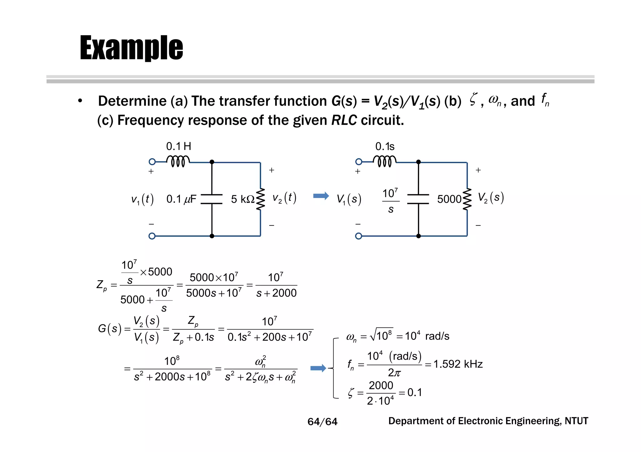 Example
• Determine (a) The transfer function G(s) = V2(s)/V1(s) (b) , , andζ ωn nf
(c) Frequency response of the given RLC circuit.
+
−
+
−
0.1 H
µ0.1 F( )1v t ( )2v tΩ5 k
+
−
+
−
0.1s
7
10
s
( )1V s ( )2V s5000
×
×
= = =
+ +
+
7
7 7
7 7
10
5000
5000 10 10
10 5000 10 2000
5000
p
sZ
s s
s
( )
( )
( )
= = =
+ + +
7
2
2 7
1
10
0.1 0.1 200 10
p
p
ZV s
G s
V s Z s s s
ω
ζω ω
= =
+ + + +
28
2 8 2 2
10
2000 10 2
n
n ns s s s
ω = =8 4
10 10 rad/sn
( )
π
= =
4
10 rad/s
1.592 kHz
2
nf
ζ = =
⋅ 4
2000
0.1
2 10
Department of Electronic Engineering, NTUT64/64
 