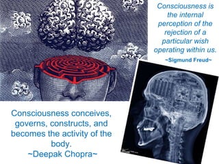 Consciousness conceives,
governs, constructs, and
becomes the activity of the
body.
~Deepak Chopra~
Consciousness is
the internal
perception of the
rejection of a
particular wish
operating within us.
~Sigmund Freud~
 