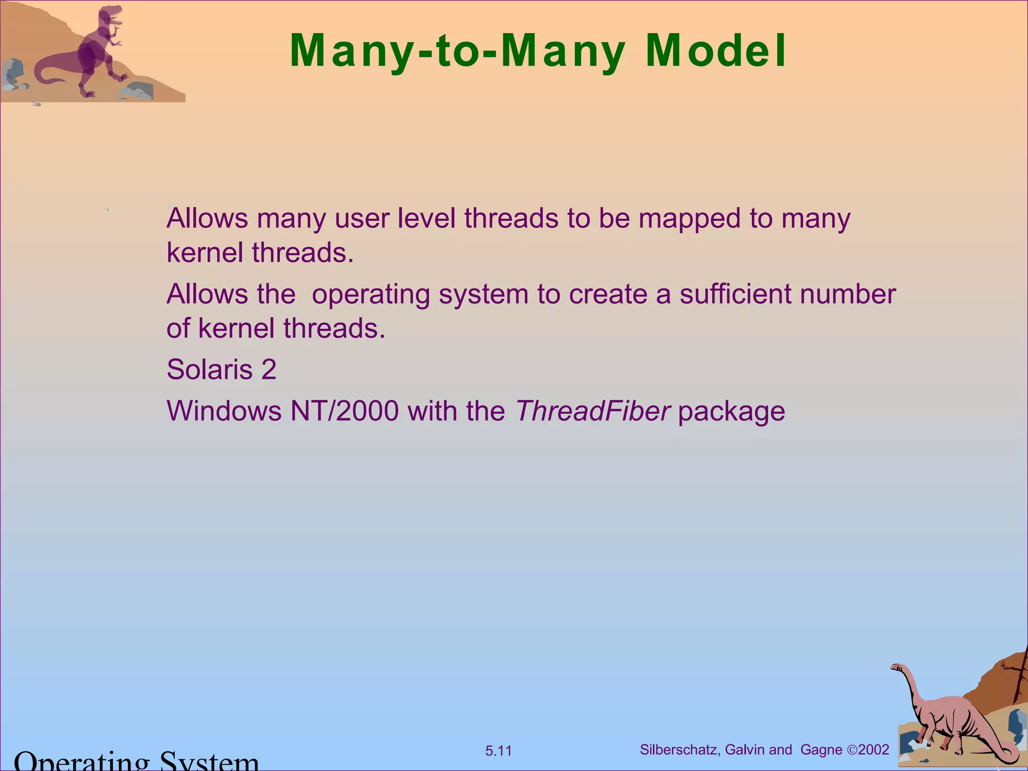 Silberschatz, Galvin and Gagne ©20025.11
Many-to-Many Model
Allows many user level threads to be mapped to many
kernel threads.
Allows the operating system to create a sufficient number
of kernel threads.
Solaris 2
Windows NT/2000 with the ThreadFiber package
 