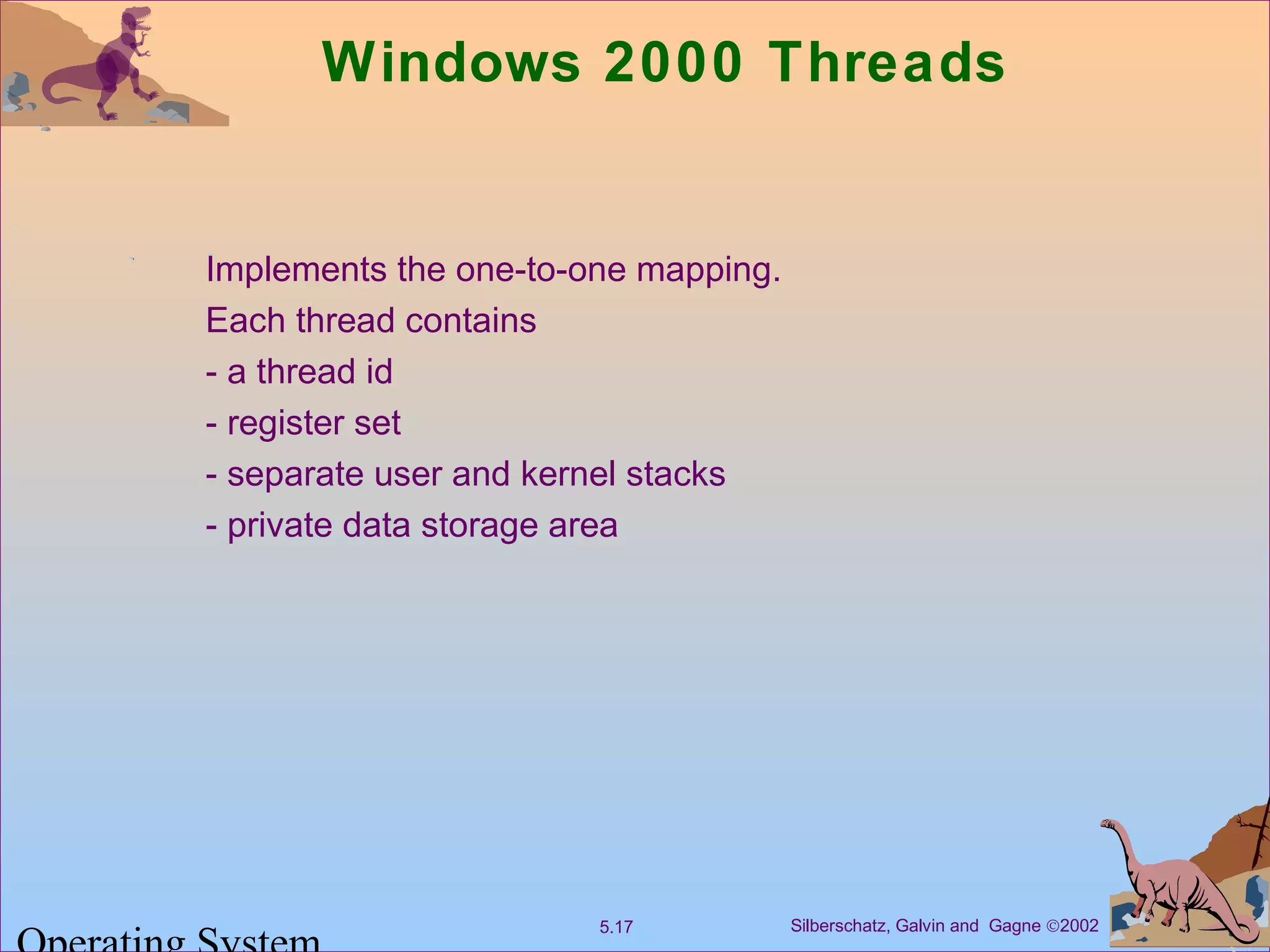 Silberschatz, Galvin and Gagne ©20025.17
Windows 2000 Threads
Implements the one-to-one mapping.
Each thread contains
- a thread id
- register set
- separate user and kernel stacks
- private data storage area
 