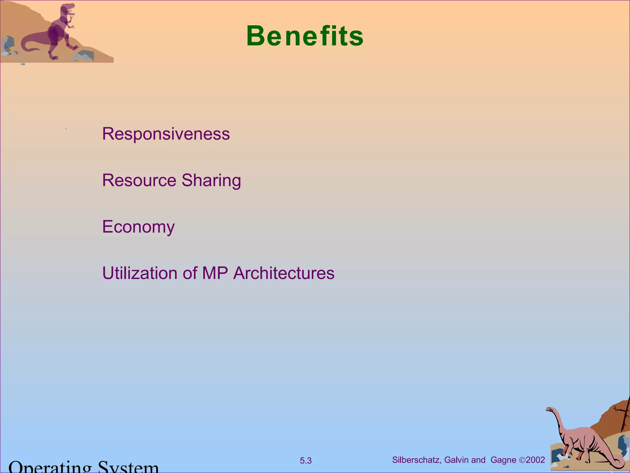 Silberschatz, Galvin and Gagne ©20025.3
Benefits
Responsiveness
Resource Sharing
Economy
Utilization of MP Architectures
 