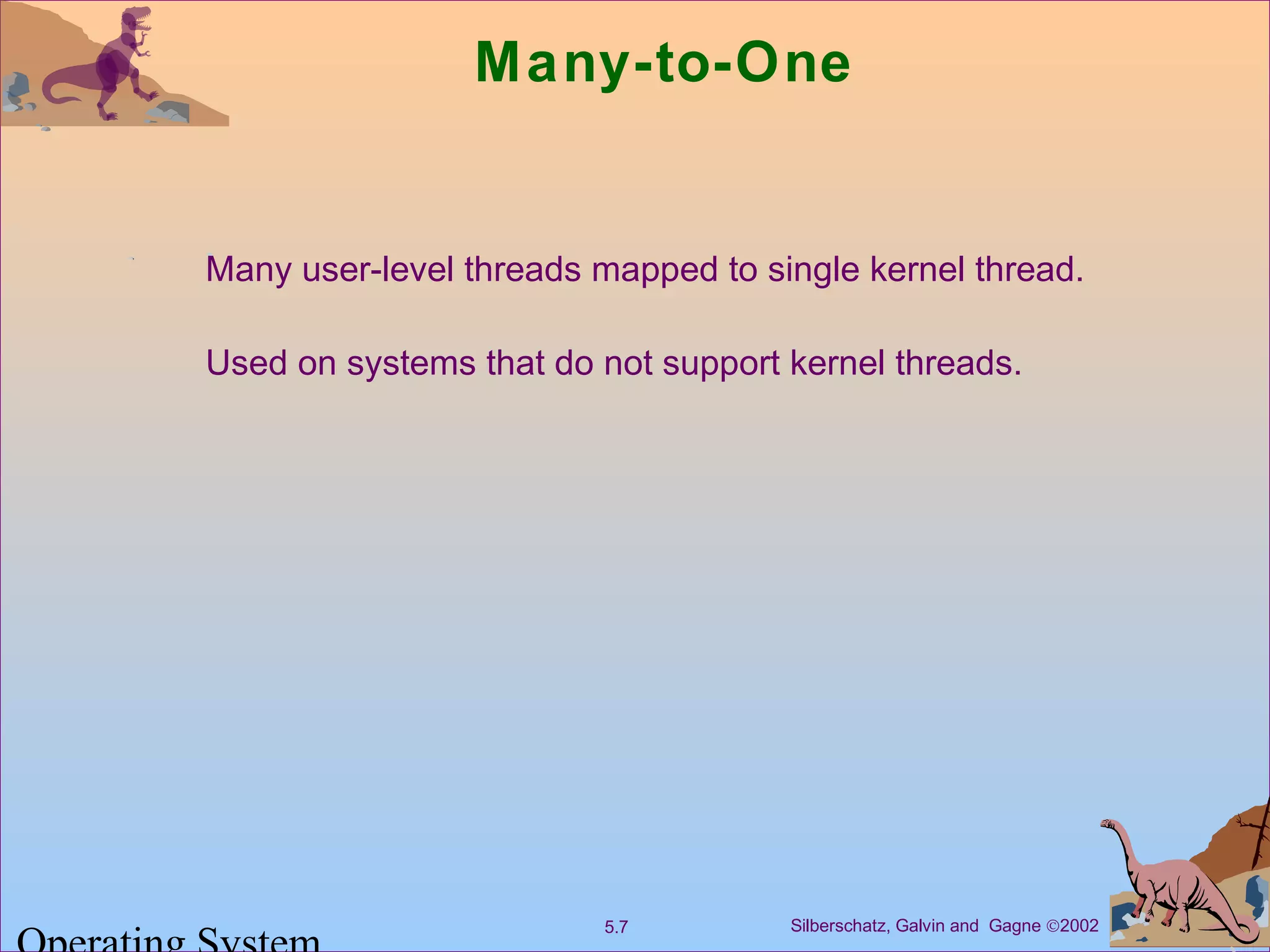 Silberschatz, Galvin and Gagne ©20025.7
Many-to-One
Many user-level threads mapped to single kernel thread.
Used on systems that do not support kernel threads.
 