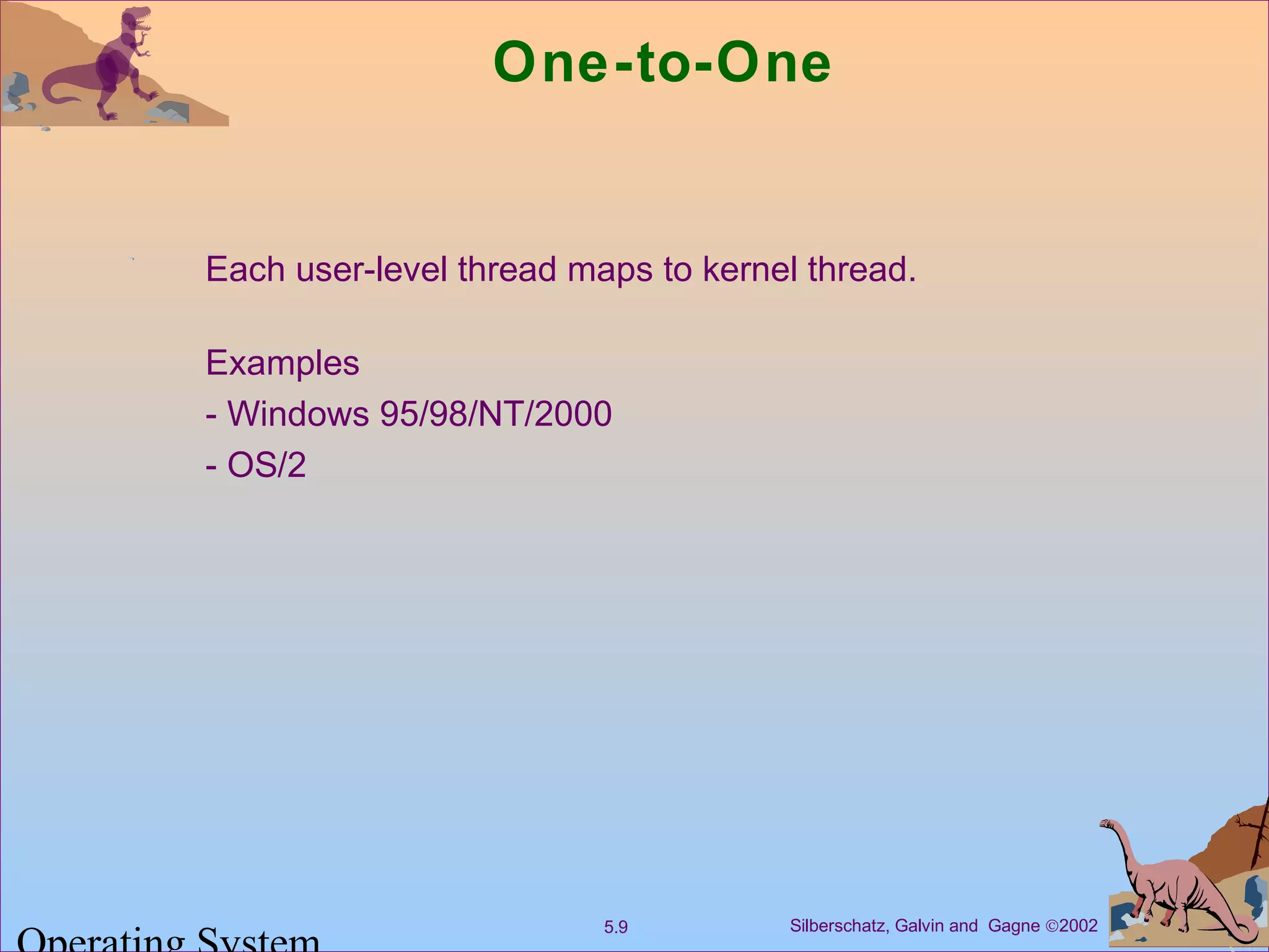 Silberschatz, Galvin and Gagne ©20025.9
One-to-One
Each user-level thread maps to kernel thread.
Examples
- Windows 95/98/NT/2000
- OS/2
 