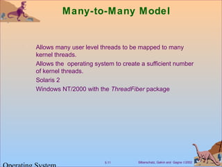 Silberschatz, Galvin and Gagne ©20025.11
Many-to-Many Model
Allows many user level threads to be mapped to many
kernel threads.
Allows the operating system to create a sufficient number
of kernel threads.
Solaris 2
Windows NT/2000 with the ThreadFiber package
 