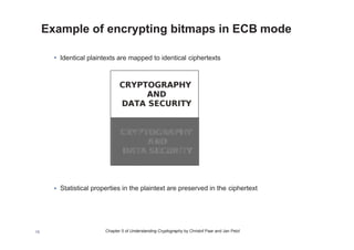 Chapter 5 of Understanding Cryptography by Christof Paar and Jan Pelzl15
ECB Advantages
•No block synchronization between sender and
receiver is required
•OK if some blocks are lost in transit
•Bit errors caused by noisy channels only affect the
corresponding block but not succeeding blocks
•Block cipher operating can be parallelized
•Advantage for high-speed implementations
 