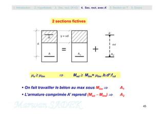 45
2 sections fictives
 On fait travailler le béton au max sous Mlim  A1
 L’armature comprimée A’ reprend (Med  Mlim)  A2
u  lim  Med  Mlim= lim .b.d².fcd
1. Introduction 3. Sec. rect. (A’=0) 5. Section en T2. Hypothèses 4. Sec. rect. avec A’ 6. Divers
 