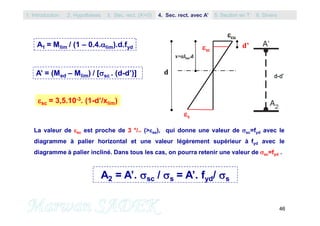 46
cu
s
sc
x=lim.d
d’
d
A1 = Mlim / (1 – 0.4.lim).d.fyd
A’ = (Med – Mlim) / [sc . (d-d’)]
sc = 3,5.10-3. (1-d’/xlim)
La valeur de sc est proche de 3 °/°° (>se), qui donne une valeur de sc=fyd avec le
diagramme à palier horizontal et une valeur légèrement supérieur à fyd avec le
diagramme à palier incliné. Dans tous les cas, on pourra retenir une valeur de sc=fyd .
A2 = A’. sc / s = A’. fyd/ s
1. Introduction 3. Sec. rect. (A’=0) 5. Section en T2. Hypothèses 4. Sec. rect. avec A’ 6. Divers
 